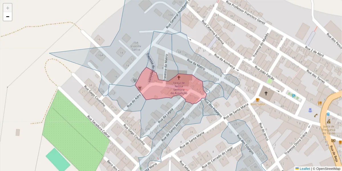 Mapa detalhado do código postal 7595-130 com limites, códigos postais vizinhos e agências dos correios