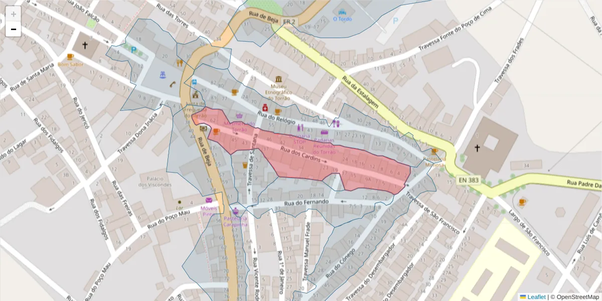 Mapa detalhado do código postal 7595-131 com limites, códigos postais vizinhos e agências dos correios