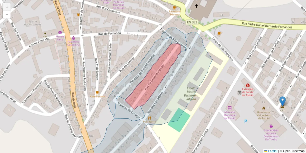 Mapa detalhado do código postal 7595-133 com limites, códigos postais vizinhos e agências dos correios