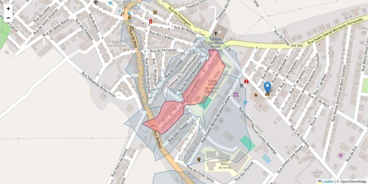 Mapa detalhado do código postal 7595-139 com limites, códigos postais vizinhos e agências dos correios