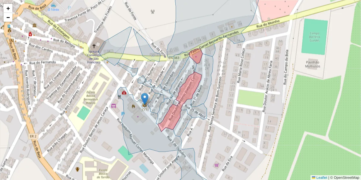 Mapa detalhado do código postal 7595-140 com limites, códigos postais vizinhos e agências dos correios