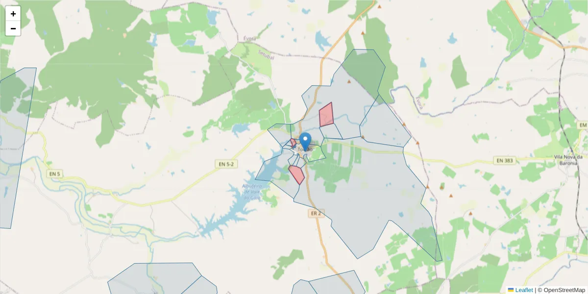 Mapa detalhado do código postal 7595-142 com limites, códigos postais vizinhos e agências dos correios