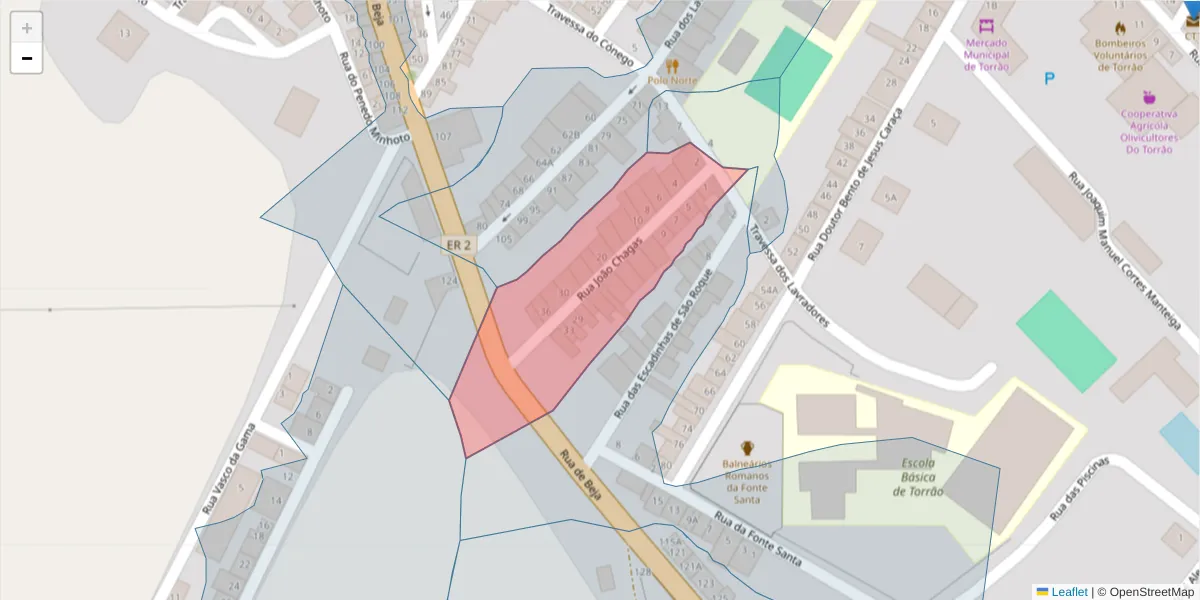 Mapa detalhado do código postal 7595-143 com limites, códigos postais vizinhos e agências dos correios