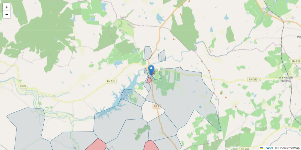 Mapa detalhado do código postal 7595-145 com limites, códigos postais vizinhos e agências dos correios