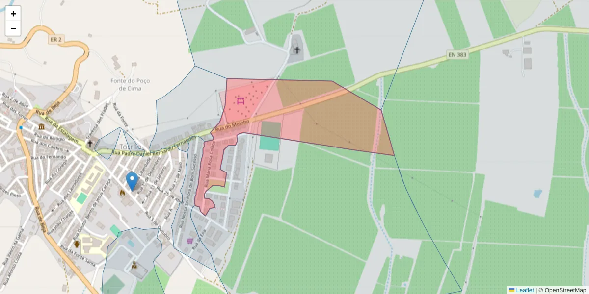 Mapa detalhado do código postal 7595-146 com limites, códigos postais vizinhos e agências dos correios