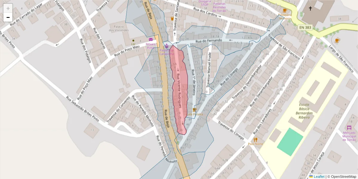 Mapa detalhado do código postal 7595-151 com limites, códigos postais vizinhos e agências dos correios