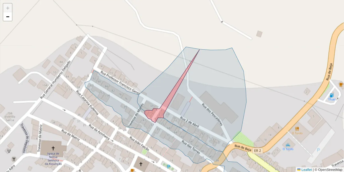 Mapa detalhado do código postal 7595-156 com limites, códigos postais vizinhos e agências dos correios