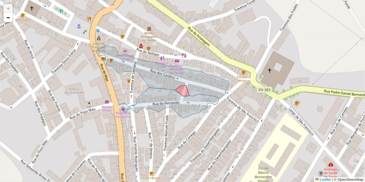 Mapa detalhado do código postal 7595-157 com limites, códigos postais vizinhos e agências dos correios
