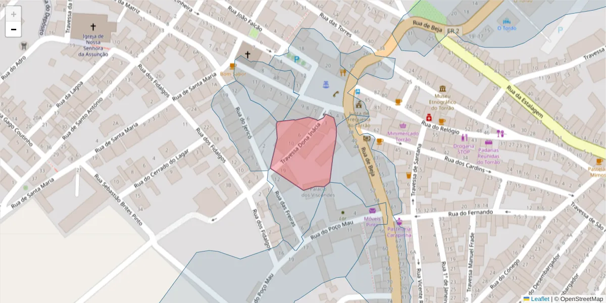 Mapa detalhado do código postal 7595-158 com limites, códigos postais vizinhos e agências dos correios
