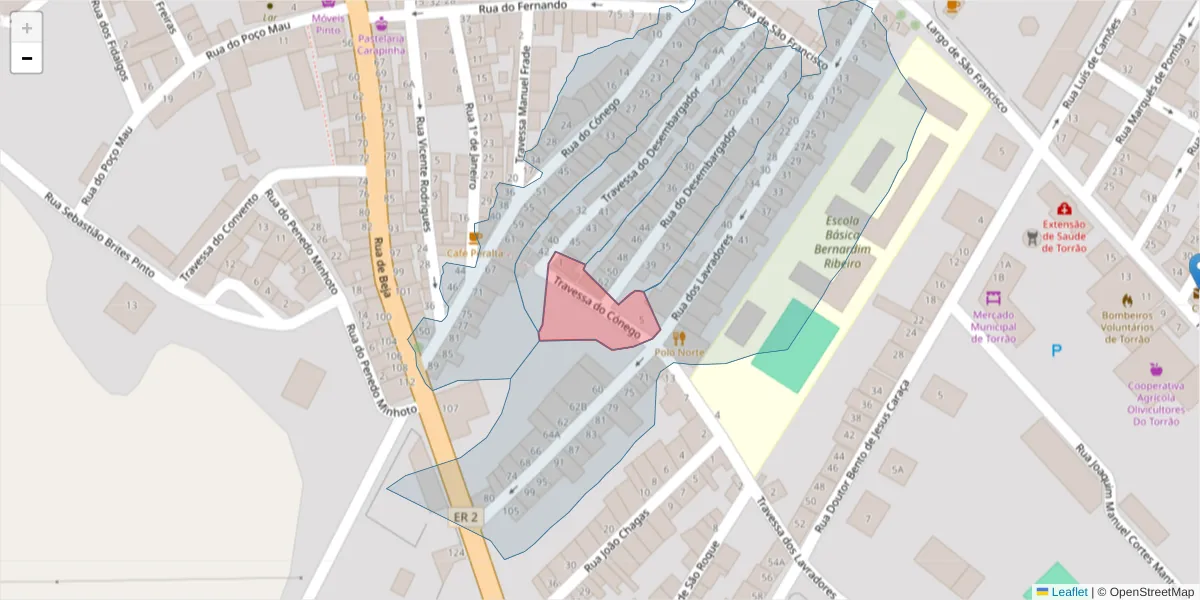 Mapa detalhado do código postal 7595-162 com limites, códigos postais vizinhos e agências dos correios