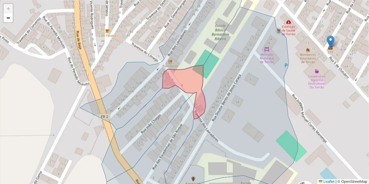 Mapa detalhado do código postal 7595-165 com limites, códigos postais vizinhos e agências dos correios