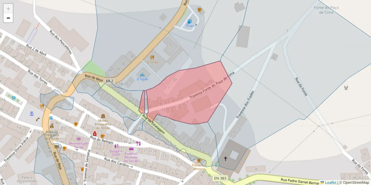 Mapa detalhado do código postal 7595-167 com limites, códigos postais vizinhos e agências dos correios