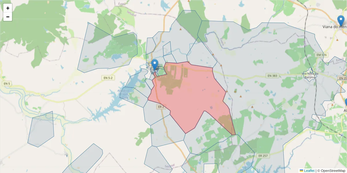 Mapa detalhado do código postal 7595-168 com limites, códigos postais vizinhos e agências dos correios
