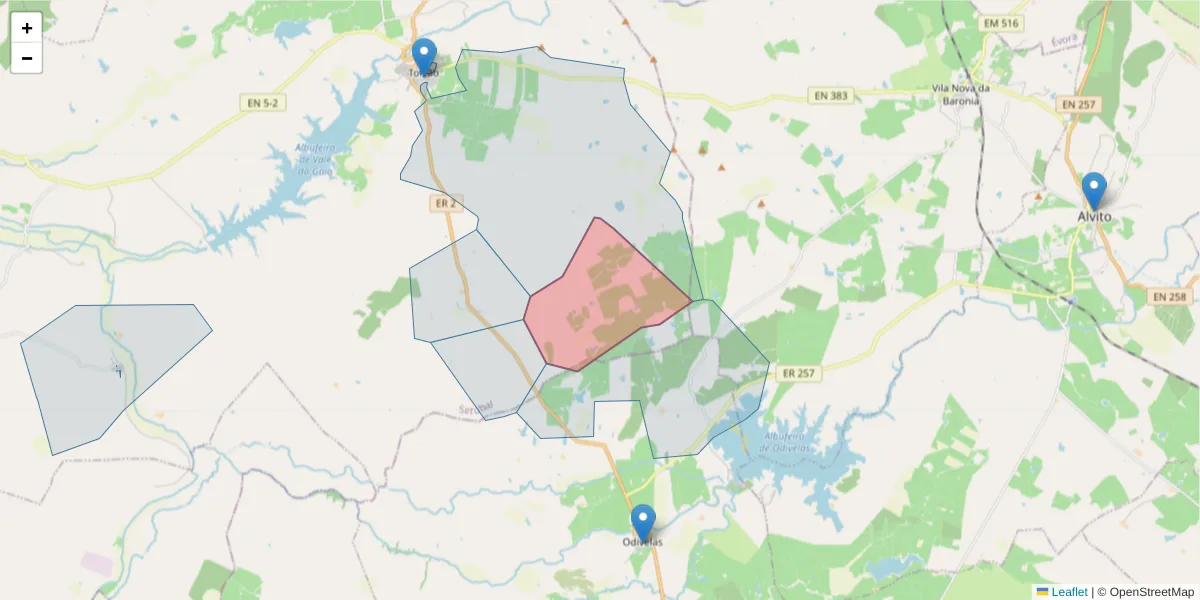 Mapa detalhado do código postal 7595-177 com limites, códigos postais vizinhos e agências dos correios