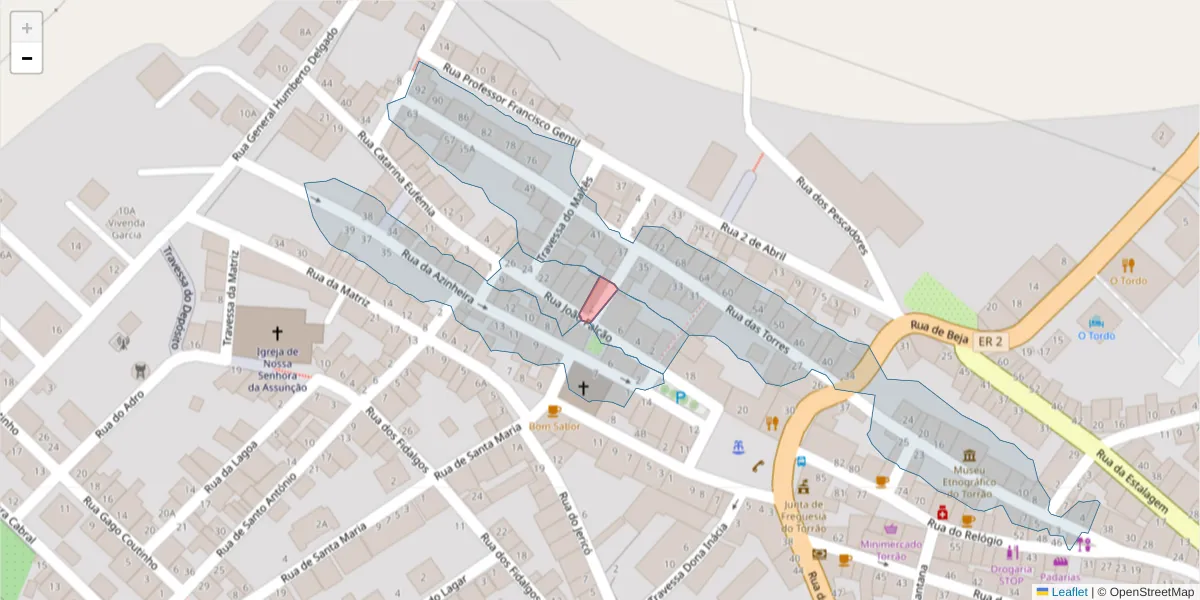 Mapa detalhado do código postal 7595-179 com limites, códigos postais vizinhos e agências dos correios