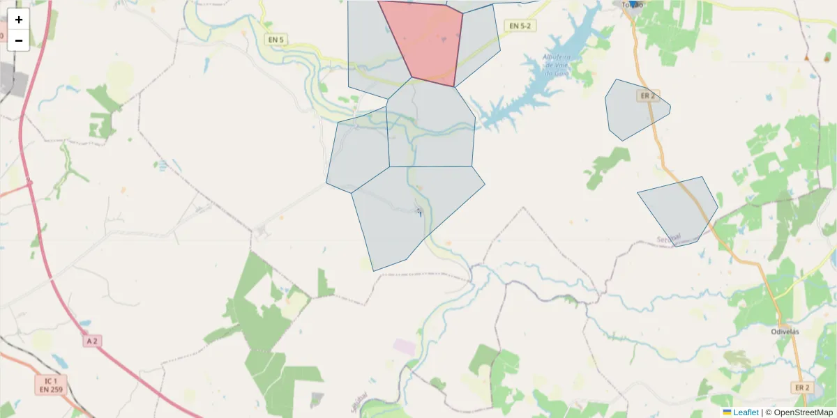 Mapa detalhado do código postal 7595-195 com limites, códigos postais vizinhos e agências dos correios
