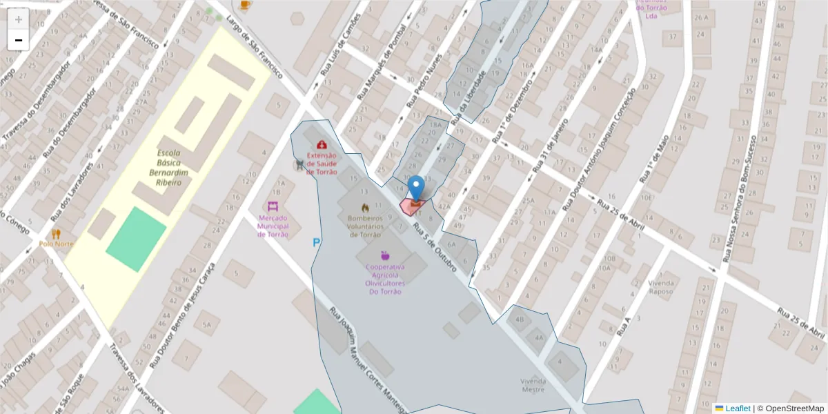 Mapa detalhado do código postal 7595-999 com limites, códigos postais vizinhos e agências dos correios