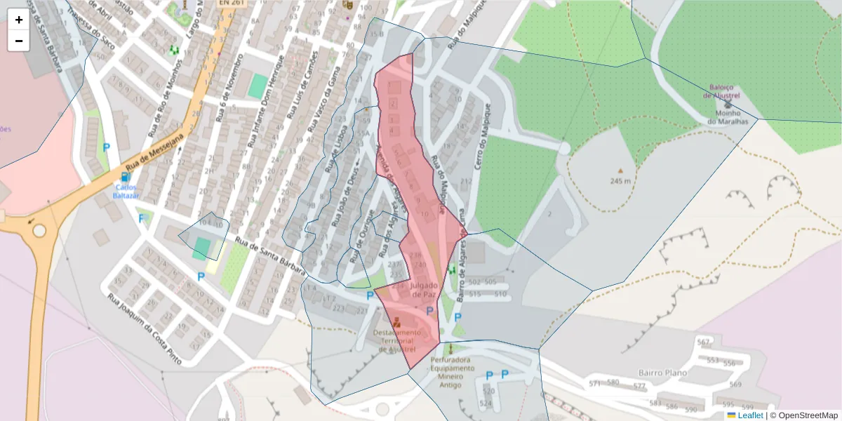 Mapa detalhado do código postal 7600-015 com limites, códigos postais vizinhos e agências dos correios