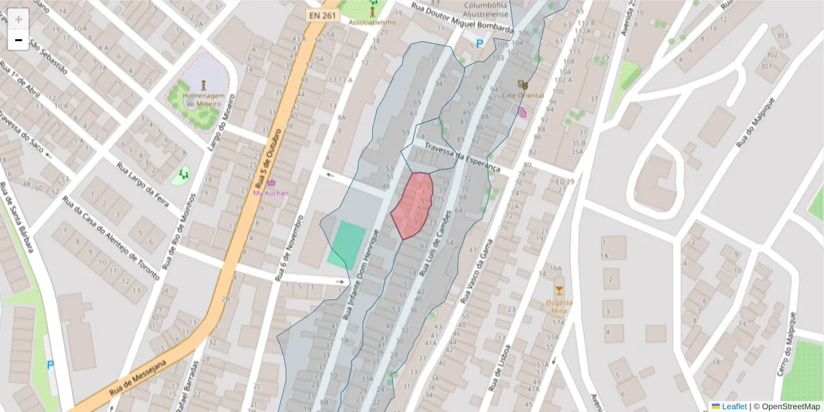 Mapa detalhado do código postal 7600-029 com limites, códigos postais vizinhos e agências dos correios