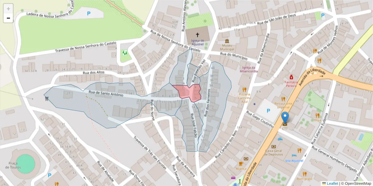 Mapa detalhado do código postal 7600-038 com limites, códigos postais vizinhos e agências dos correios