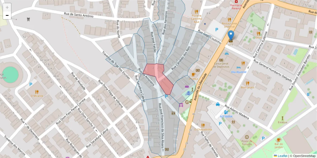 Mapa detalhado do código postal 7600-042 com limites, códigos postais vizinhos e agências dos correios