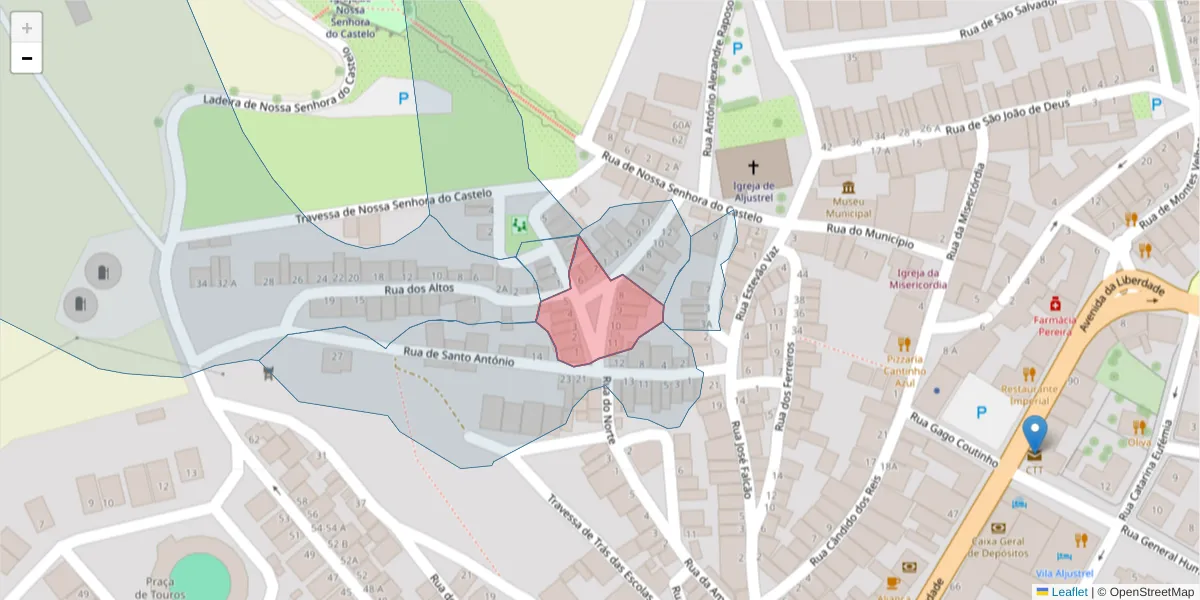 Mapa detalhado do código postal 7600-043 com limites, códigos postais vizinhos e agências dos correios