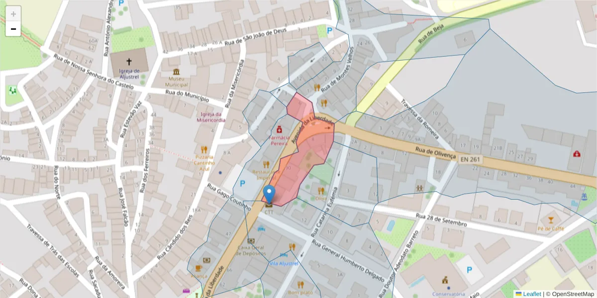 Mapa detalhado do código postal 7600-045 com limites, códigos postais vizinhos e agências dos correios