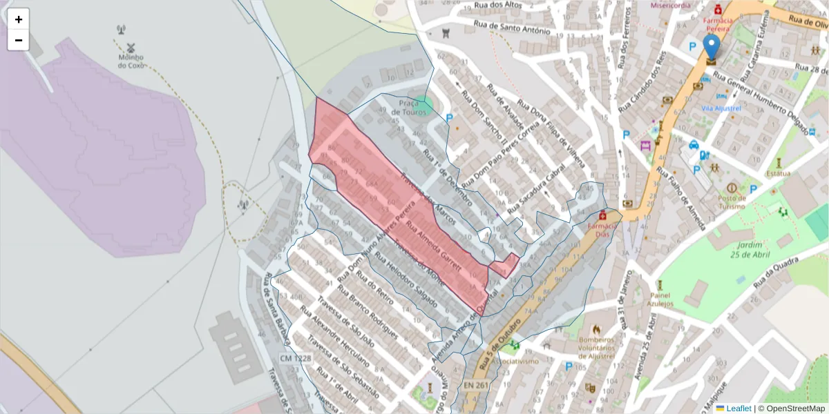 Mapa detalhado do código postal 7600-059 com limites, códigos postais vizinhos e agências dos correios