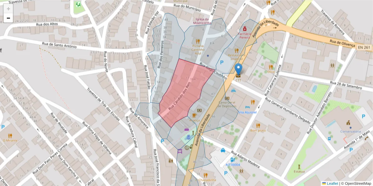 Mapa detalhado do código postal 7600-063 com limites, códigos postais vizinhos e agências dos correios
