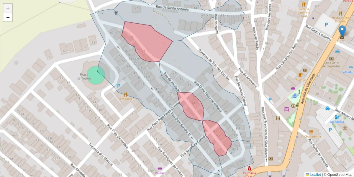 Mapa detalhado do código postal 7600-072 com limites, códigos postais vizinhos e agências dos correios