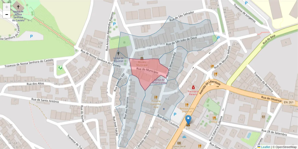 Mapa detalhado do código postal 7600-082 com limites, códigos postais vizinhos e agências dos correios