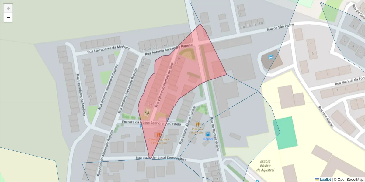 Mapa detalhado do código postal 7600-095 com limites, códigos postais vizinhos e agências dos correios