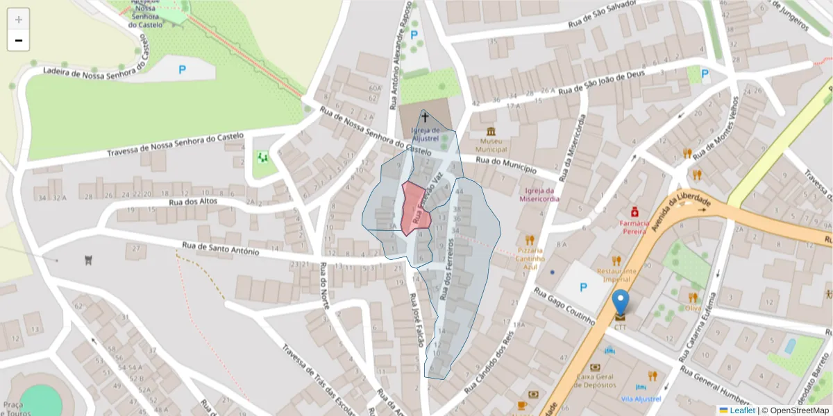 Mapa detalhado do código postal 7600-096 com limites, códigos postais vizinhos e agências dos correios