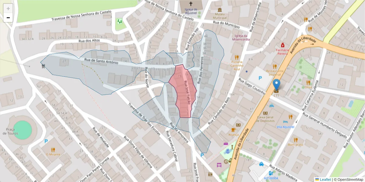 Mapa detalhado do código postal 7600-104 com limites, códigos postais vizinhos e agências dos correios