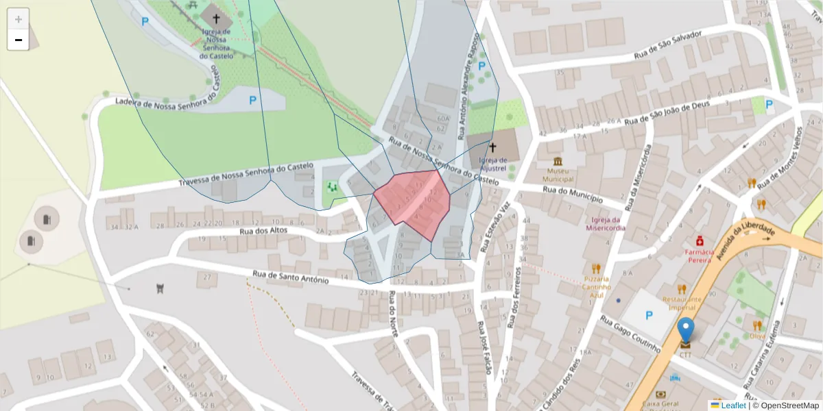 Mapa detalhado do código postal 7600-110 com limites, códigos postais vizinhos e agências dos correios