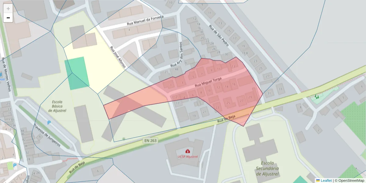 Mapa detalhado do código postal 7600-111 com limites, códigos postais vizinhos e agências dos correios
