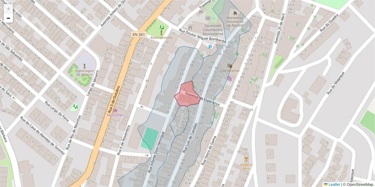Mapa detalhado do código postal 7600-121 com limites, códigos postais vizinhos e agências dos correios