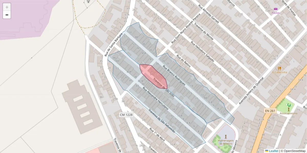 Mapa detalhado do código postal 7600-125 com limites, códigos postais vizinhos e agências dos correios