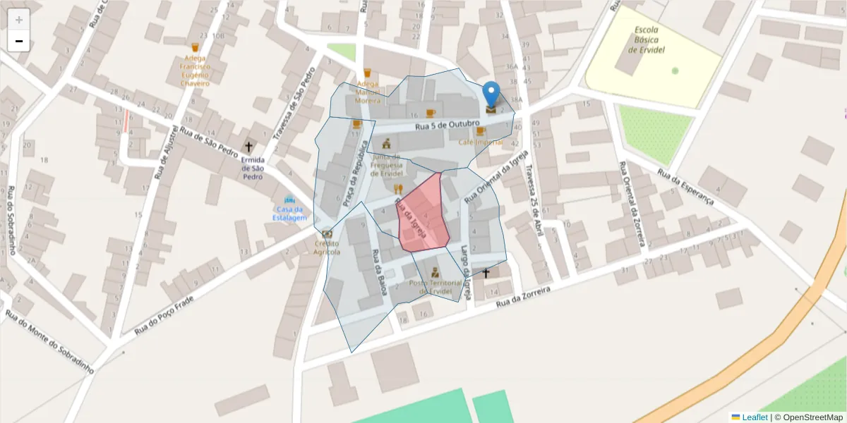 Mapa detalhado do código postal 7600-214 com limites, códigos postais vizinhos e agências dos correios