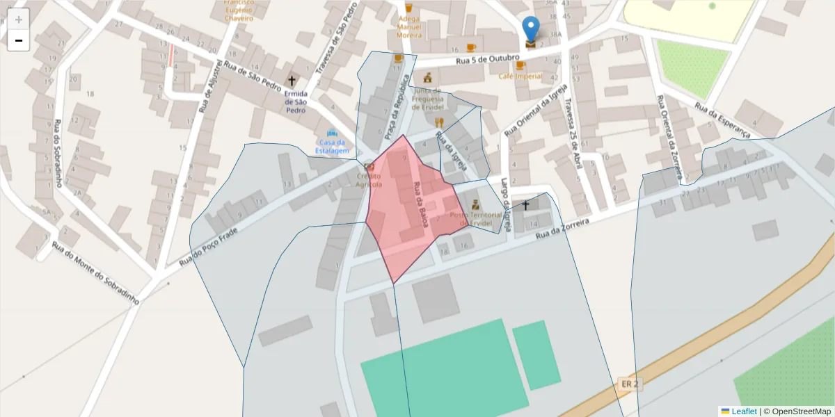 Mapa detalhado do código postal 7600-223 com limites, códigos postais vizinhos e agências dos correios