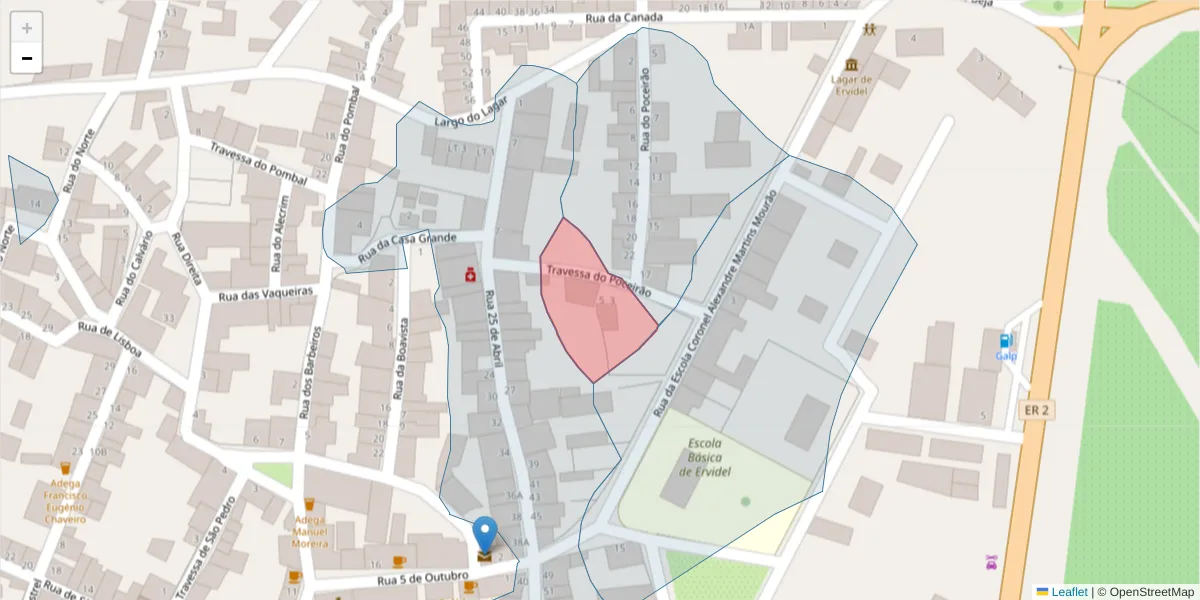 Mapa detalhado do código postal 7600-250 com limites, códigos postais vizinhos e agências dos correios