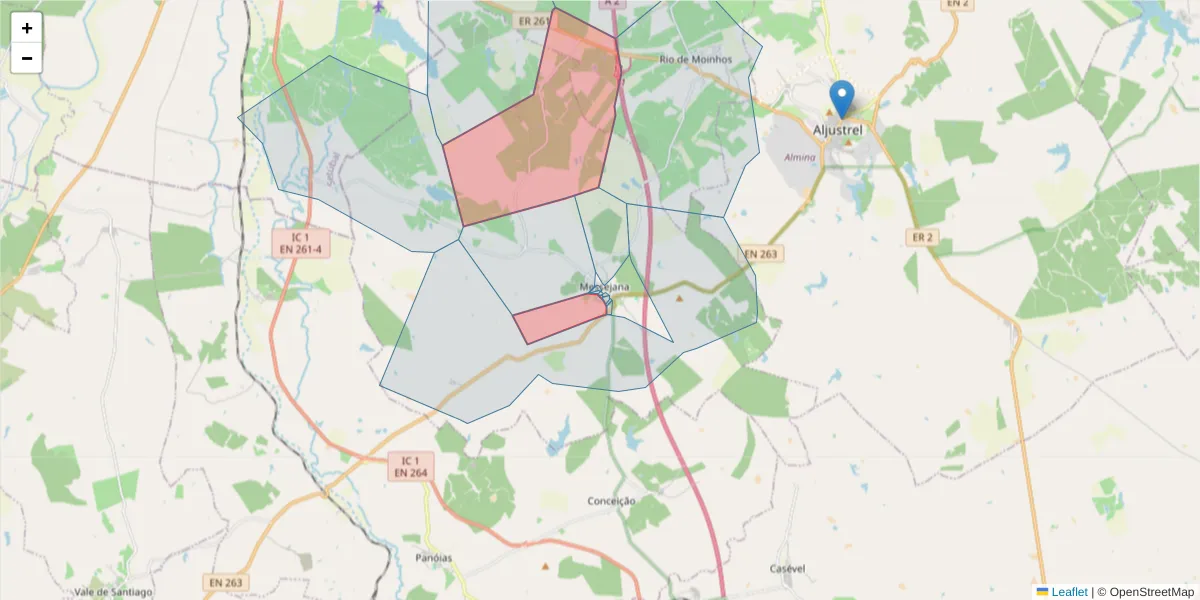 Mapa detalhado do código postal 7600-311 com limites, códigos postais vizinhos e agências dos correios