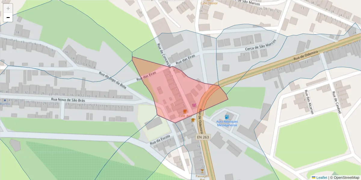 Mapa detalhado do código postal 7600-321 com limites, códigos postais vizinhos e agências dos correios