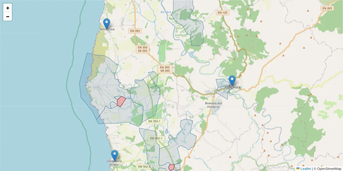 Mapa detalhado do código postal 7630-000 com limites, códigos postais vizinhos e agências dos correios