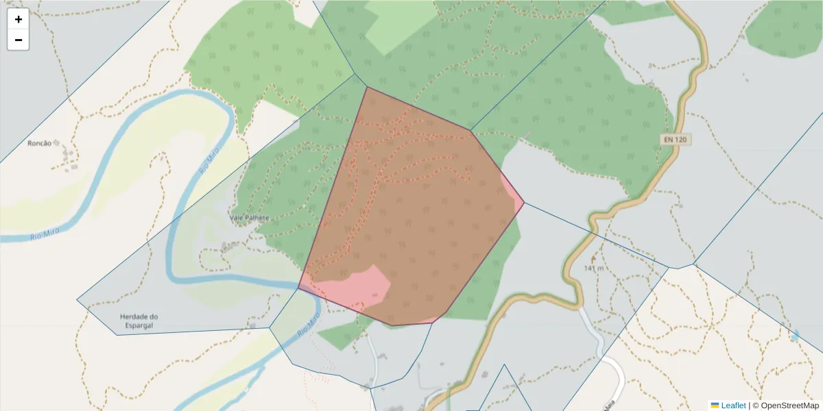 Mapa detalhado do código postal 7630-024 com limites, códigos postais vizinhos e agências dos correios