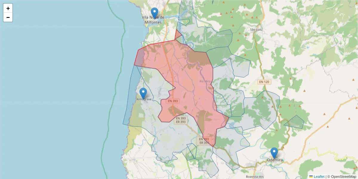 Mapa detalhado do código postal 7630-063 com limites, códigos postais vizinhos e agências dos correios