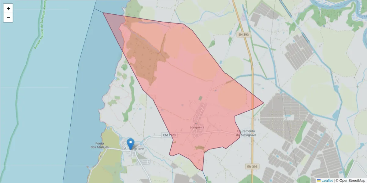 Mapa detalhado do código postal 7630-084 com limites, códigos postais vizinhos e agências dos correios