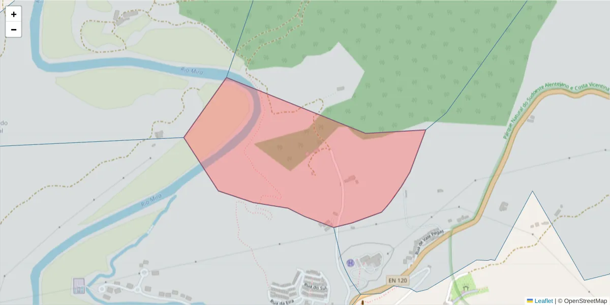 Mapa detalhado do código postal 7630-087 com limites, códigos postais vizinhos e agências dos correios