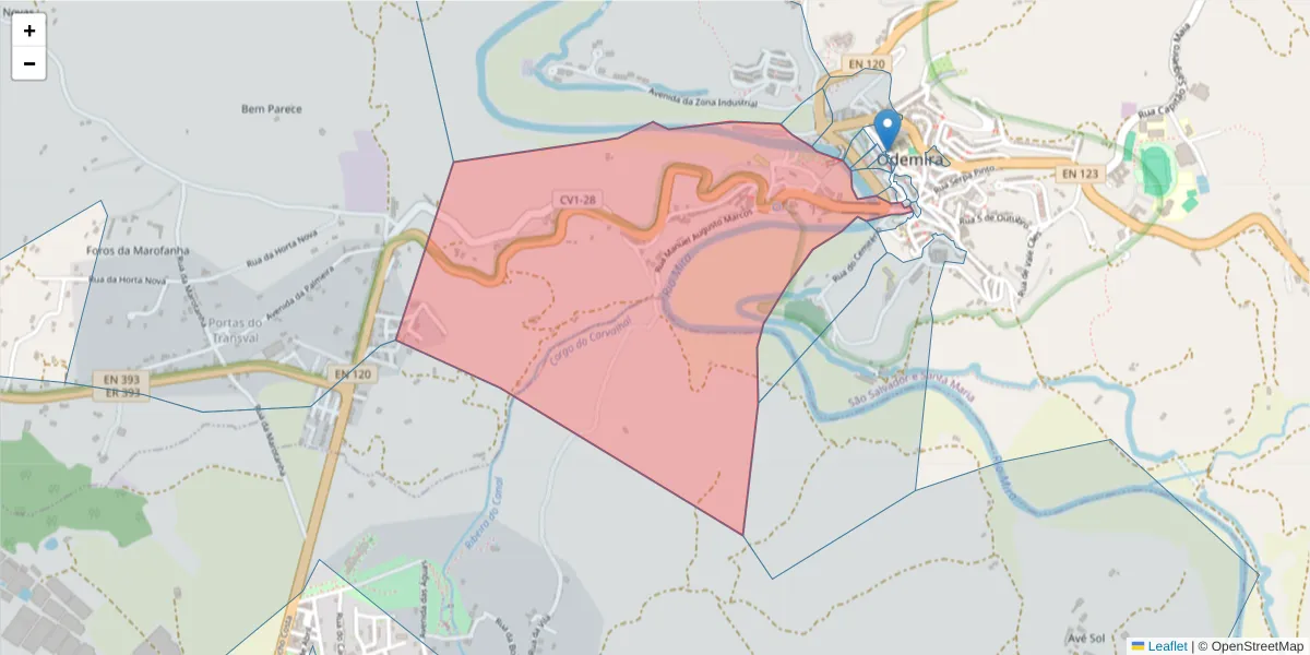 Mapa detalhado do código postal 7630-124 com limites, códigos postais vizinhos e agências dos correios