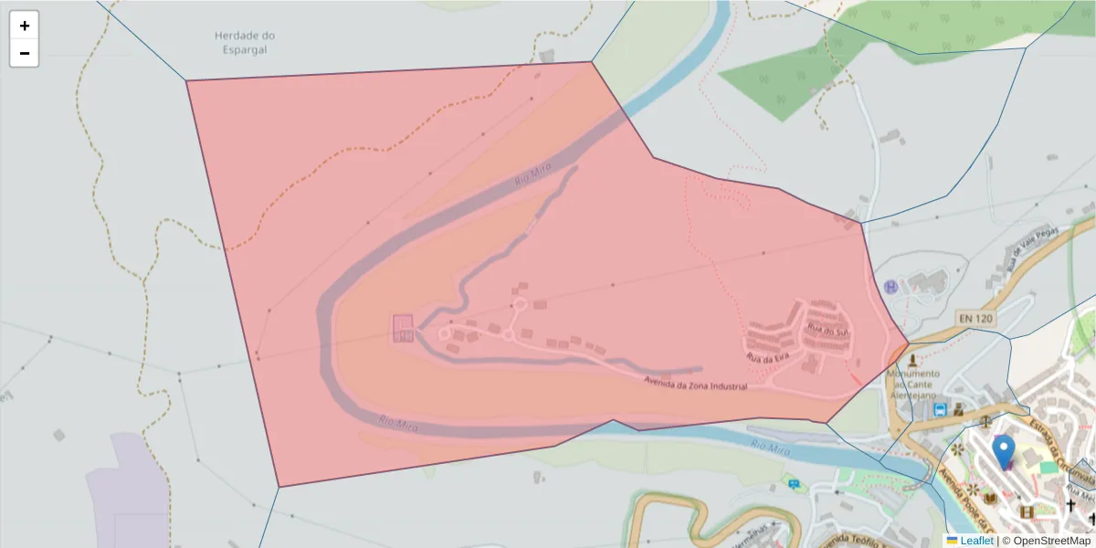 Mapa detalhado do código postal 7630-125 com limites, códigos postais vizinhos e agências dos correios